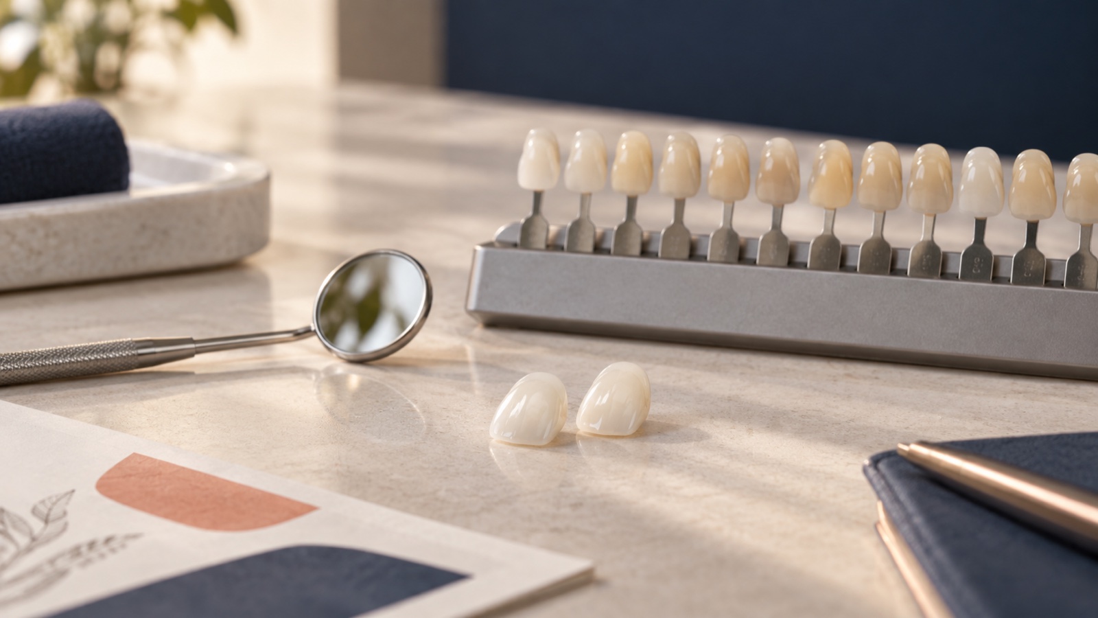 Ceramic shade guides and dental mirror used to plan natural-looking cosmetic treatment