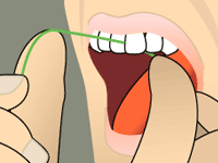 Floss curved into a C-shape around the side of a tooth